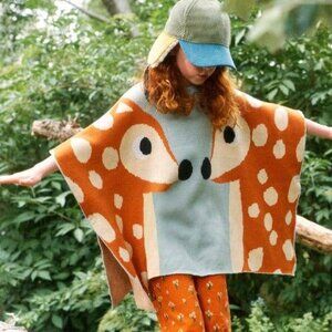 Stella Mccartney Kids Girls Orange Deer Knit Poncho Cape RARE Size 10